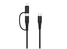 Nabíjecí a datový opletený kabel FIXED s konektory USB-C/USB-C a Lightning adaptérem, PD, 1.2m, MFi, PD 60W, šedý