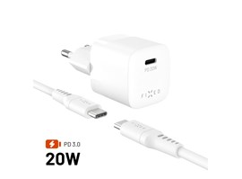 Set síťové nabíječky FIXED Mini s USB-C výstupem a USB-C/USB-C kabelu, podpora PD, 1,2 metr, 20W, bílý