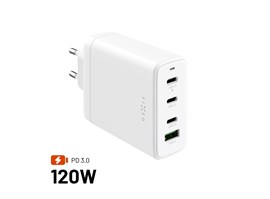 Síťová GaN nabíječka FIXED s 3xUSB-C a USB výstupem, podpora PD 3.0, 120W, bílá