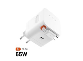 Síťová GaN nabíječka FIXED s 2xUSB-C, podpora PD 3.0, se samonavíjecím kabelem, 65W, bílá