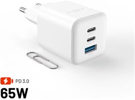 Síťová GaN nabíječka FIXED Mini s 2xUSB-C a USB výstupem, podpora PD, 65W, bílá