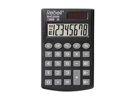 Jednoduchý kapesní kalkulátor REBELL s 8místným LCD displejem, 3 paměťovými klávesami a ochranným pouzdrem