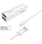 Set autonabíječky FIXED s 2xUSB výstupem a USB/USB-C kabelu, 1 metr, 15W Smart Rapid Charge, bílá