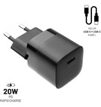 Set síťové nabíječky FIXED Mini s USB-C výstupem a USB-C/USB-C kabelu, podpora PD, 1 metr, 20W, černý