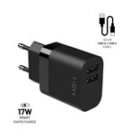 Set síťové nabíječky FIXED s 2xUSB výstupem a USB/USB-C kabelu, 1 metr, 17W Smart Rapid Charge, černá