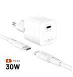 Set síťové GaN nabíječky FIXED Mini s USB-C výstupem a USB-C/USB-C kabelu, podpora PD, 1,2 metr, 30W, bílý