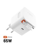 Síťová GaN nabíječka FIXED s 2xUSB-C, podpora PD 3.0, se samonavíjecím kabelem, 65W, bílá
