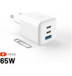 Síťová GaN nabíječka FIXED Mini s 2xUSB-C a USB výstupem, podpora PD, 65W, bílá