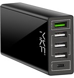 MKF-QC3AC5, USB nabíječka, 1× USB QC3.0, 3× USB 5 V / 2,4 A, 1× USB C 5 V / 3A, Multi charge, černá